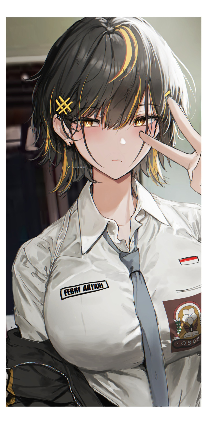 big_breasts black_hair blush ear_piercing febri_aryani_(vloodozer) looking_at_viewer open_jacket original short_hair teenager tie two_tone_hair v_sign vloodozer workplace yellow_eyes yellow_hair