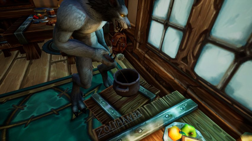 activision anthro balls blizzard_entertainment bodily_fluids canid canine chamber_pot fur genital_fluids genitals glowing glowing_eyes happy hi_res male mammal nude open_mouth peeing penis relieved solo urine urine_stream warcraft watersports were werecanid werecanine werewolf worgen zolthan32