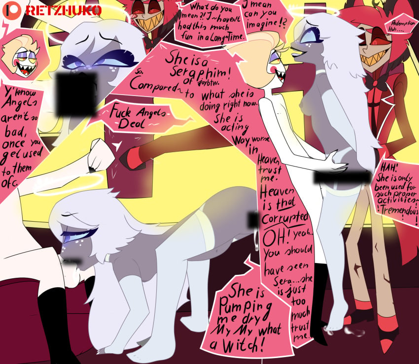 alastor_(hazbin_hotel) blowjob blowjob_face censored comic comic_page emily_(hazbin_hotel) glowing glowing_eyes halo hazbin_hotel lucifer_morningstar_(hazbin_hotel) male/female retzhuko_(artist) smile straight vivienne_medrano vivziepop