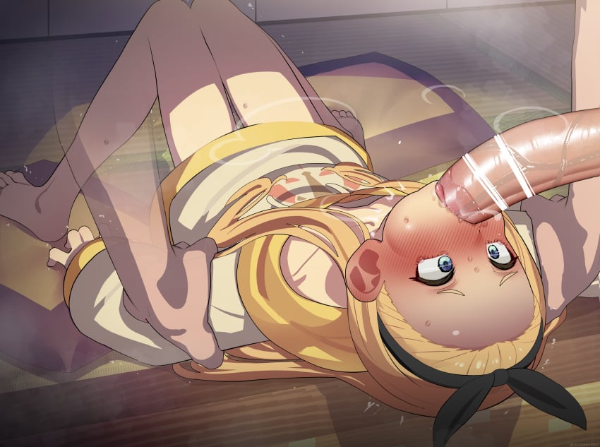 1boy absurdres arm_grab bar_censor black_hairband blonde_hair blue_eyes blush bow_hairband censored cheek_bulge erection fellatio female hairband highres irrumatio kurumi_(lycoris_recoil) large_penis licking licking_penis long_sleeves lycoris_recoil lying mizumizuni nose_blush on_back oral penis rape saliva solo_focus straight sweat tearing_up throat_swabbing tongue tongue_out veins veiny_penis young