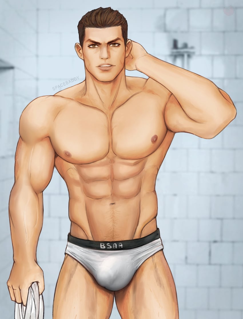 1boy 2021 bara barazoku bulge capcom looking_at_viewer male male_nipples male_only muscular_male nipples no_visible_genitalia penis_outline piers_nivans resident_evil resident_evil_6 spacebaddy underwear