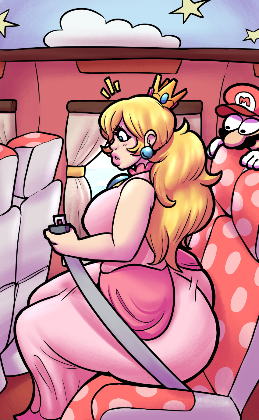 1boy 1girls airplane_interior ass ass_awe awooga big_ass blonde blonde_hair breasts clothing clueless crawdadblues fat_ass female female_focus huge_ass inconvenient_ass indoors lard_ass lips looking_at_another male mario mario_(series) massive_ass oblivious pawg princess princess_peach royalty seatbelt super_mario_sunshine thighs