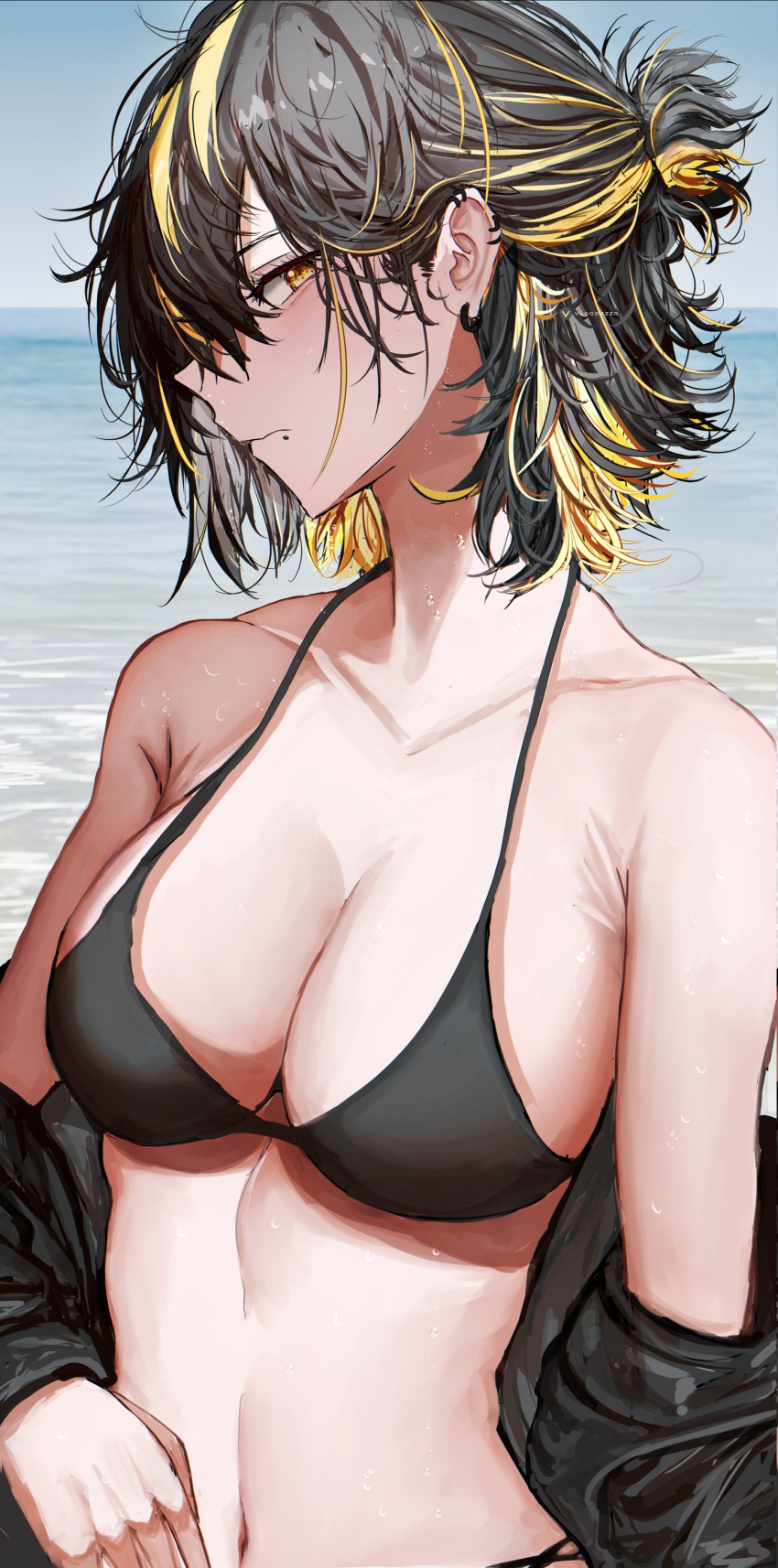 belly_button big_breasts bikini black_hair blush blush ear_piercing embarrassed embracing febri_aryani_(vloodozer) looking_at_viewer oc open_clothes open_jacket original original_character shirt_down shirt_removed short_hair side_eye side_view slim_waist teenager tied_hair two_tone_hair vloodozer yellow_eyes yellow_hair