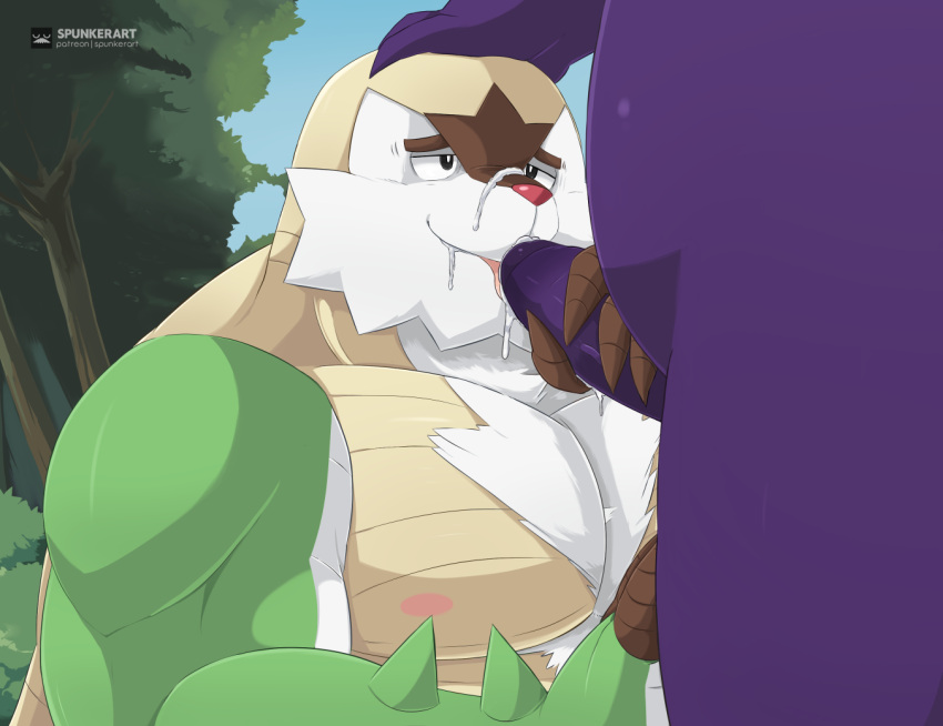 2024 anthro bara belly bodily_fluids body_hair chesnaught chest_hair chest_tuft cum cum_in_mouth cum_inside cum_on_face digital_drawing_(artwork) digital_media_(artwork) duo ejaculation erection fellatio fur gay generation_1_pokemon generation_6_pokemon gengar genital_fluids genitals hand_on_head hand_on_penis humanoid_genitalia humanoid_penis male male/male male_only mammal muscular nintendo nipples nude oral outside_sex overweight overweight_male pecs penile penis pokemon pokemon_(species) purple_body sex smile spunkerart tongue tuft