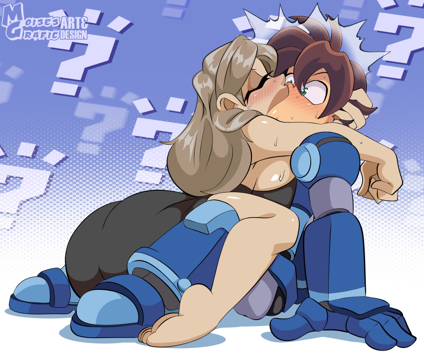 1boy 1girls age_difference ass assertive_female big_ass blonde_hair blush breasts brown_hair green_eyes head_grab holding_head kissing long_hair mature_female mega_man mega_man_legends mega_man_volnutt moisesgrafic older_female shocked short_hair spiky_hair youkan_(mega_man) younger_male