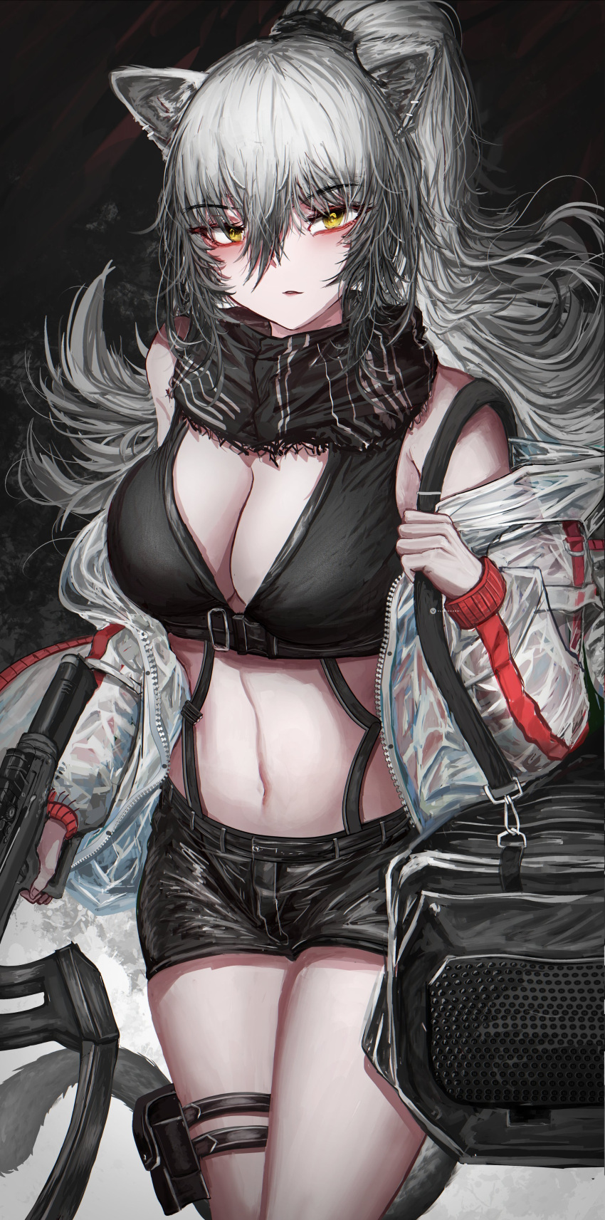 arknights bare_thighs belly_button big_breasts furry_ears grey_hair looking_at_viewer open_jacket orange_eyes scarf schwarz_(arknights) shorts silver_hair slim_waist vloodozer white_hair wide_hips