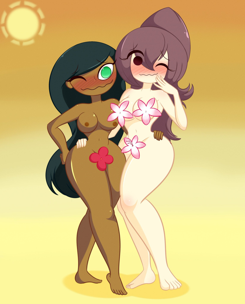 2girls blush breasts calumba dark_skin dexter's_laboratory embarrassed flower limb_(limbros) limbros multiple_girls nude tagme