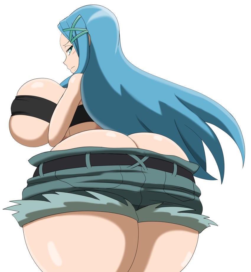 1girls arms_crossed arms_crossed_under_breasts ass ass_cleavage big_ass big_breasts blue_eyes blue_hair breasts bubble_butt butt_crack clothing crop_top dat_ass fat_ass female female_only huge_ass kanna_bismarch large_ass looking_at_viewer looking_back mechspazer png shaman_king shorts solo thick_ass thick_thighs white_background wide_hips