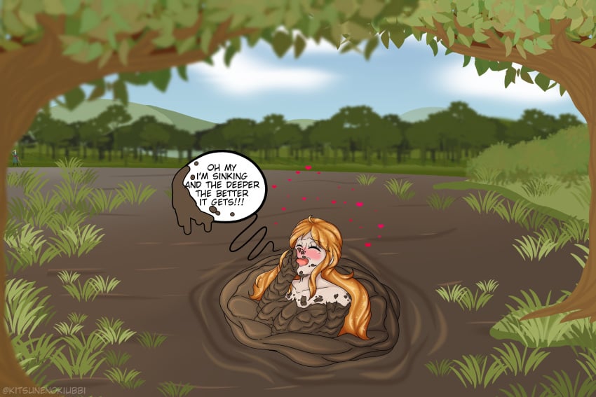 bubble_text female female_only hearts hearts_around_head kitsunenokiubbi mud mud_pit nami one_piece outdoors outside post-timeskip quicksand solo text trees