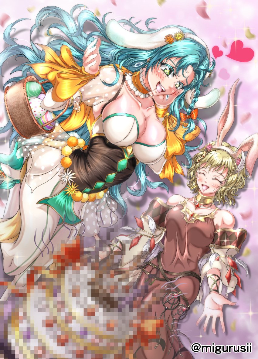 2girls alternate_costume aqua_hair ass bare_shoulders basket big_ass blonde_hair blue_hair braid breasts bunny_ears bunny_girl bunnysuit cake censored censored_food chloe_(fire_emblem) chloe_(spring)_(fire_emblem) citrinne_(fire_emblem) cleavage collarbone dress drooling earrings egg female female_only fire_emblem fire_emblem_engage fire_emblem_heroes green_eyes happy hungry large_breasts leotard long_hair medium_breasts multiple_girls nervous nervous_smile nintendo official_alternate_costume open_mouth pantyhose saliva saliva_trail short_hair shoulders smile very_long_hair violet_migu18 yellow_hair