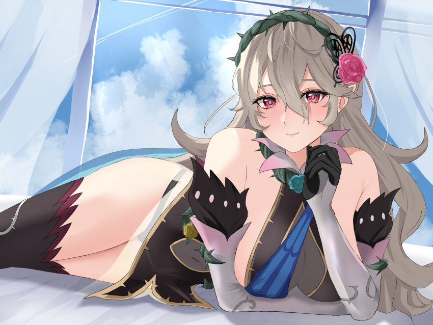 1girls absurdres alternate_costume bare_shoulders bare_thighs bed_sheet black_panties breasts cape corrin_(female)_(fire_emblem) corrin_(female)_(resplendent)_(fire_emblem) corrin_(fire_emblem) corrin_(fire_emblem)_(female) dress elbow_gloves female female_only fire_emblem fire_emblem_fates fire_emblem_heroes gloves hair_ornament hairband highres inner_thighs long_hair looking_at_viewer lying medium_breasts nintendo official_alternate_costume on_bed on_side panties panty_straps peli_cantaro pointy_ears red_eyes see-through sleeveless sleeveless_dress smile solo thighhighs thighs thorns underwear white_hair