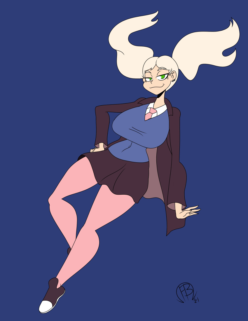 blonde_hair blue_sweater ear_piercing frostbiteboi green_eyes hilda_(series) huge_breasts large_breasts light-skinned_female light_skin marra pantyhose pink_tie purple_jacket purple_shoes purple_skirt thick_legs thick_thighs twintails white_shirt wide_hips wide_thighs