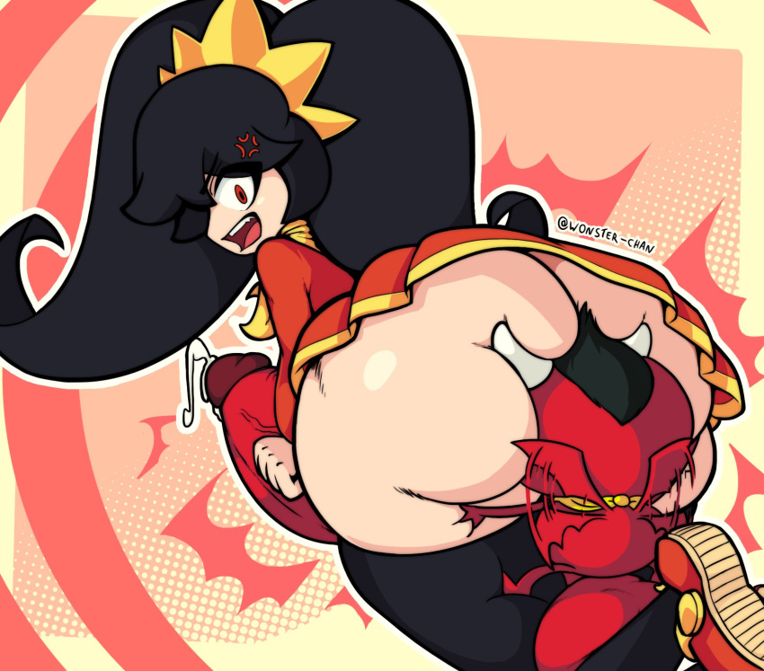 1boy 1girls anger_vein angry ashley_(warioware) ass balls black_hair clothing cum demon face_in_ass huge_ass huge_balls huge_cock mario_(series) nintendo no_panties penis precum red_(warioware) stockings tagme thigh_sex thighs twintails warioware wonster-chan