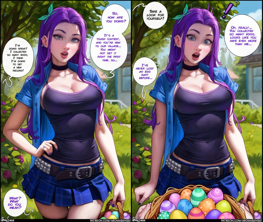 1girls abigail_(stardew_valley) alternate_version_available aroma_sensei big_breasts breasts busty curvaceous curvy curvy_figure digital_media_(artwork) easter_egg egg english_text eyebrows eyelashes eyes female female_focus fit fit_female hair hand_on_hip hips hourglass_figure huge_breasts human large_breasts legs light-skinned_female light_skin lips mature mature_female outdoors purple_hair skirt speech_bubble standing stardew_valley text thick thick_legs thick_thighs thighs top_heavy upper_body voluptuous waist wide_hips