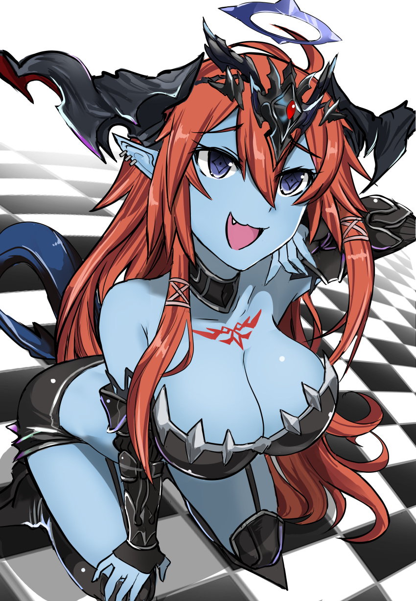 1boy 1girls bikini_armor blue-skinned_female blue_skin chrono_ma:gaia dark_gleam_divine_queen_hera halo horns oerba_yun_fang open_mouth orange_hair pink_nose_(artist) purple_eyes tail textless