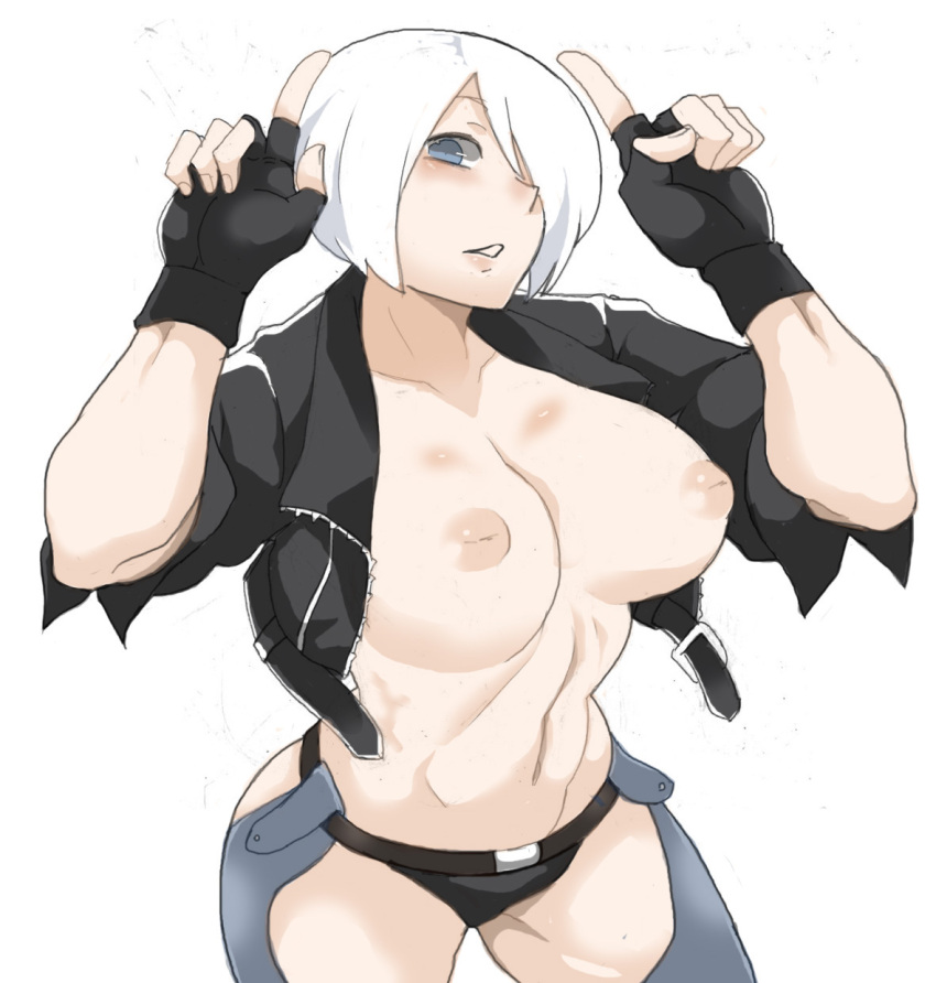 abs angel_(kof) backless_pants blue_eyes blush bra breasts breasts_out chaps cropped_jacket female fighting_game finger_horns fingerless_gloves gloves hair_over_one_eye highres horns_pose index_fingers_raised inverted_nipples jacket king_of_fighters king_of_fighters_xiv large_breasts leather leather_jacket looking_at_viewer midriff navel nipples open_mouth panties pants ryu3224 short_hair snk solo toned underwear white_hair