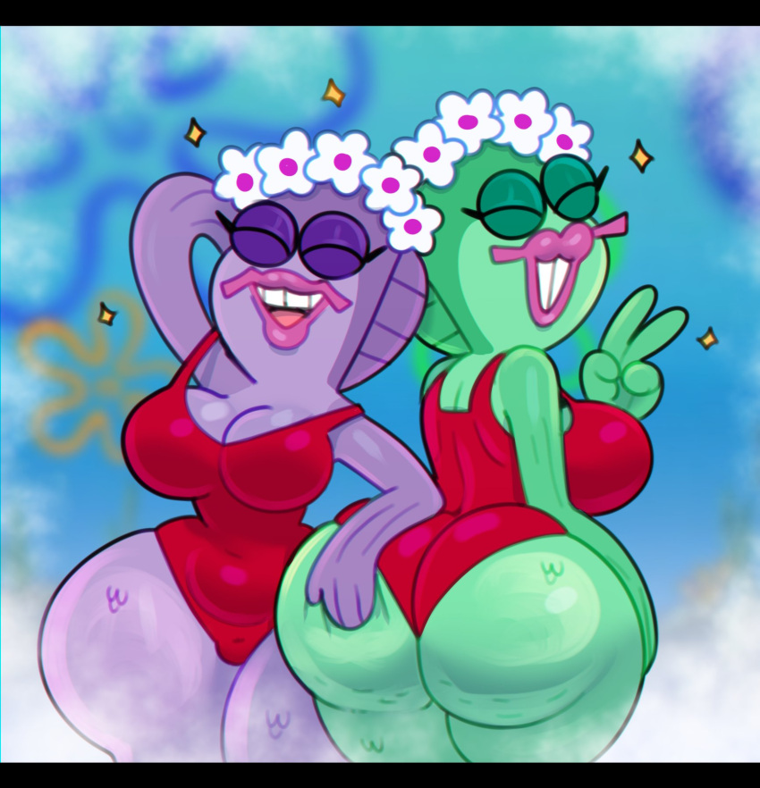 2girls anthro big_ass big_butt bubble_butt closed_eyes female female_only fish hand_on_ass hand_on_butt nickelodeon peace_sign showgirl_fishes smile smiling smooth_skin somescrub spongebob_squarepants thick_thighs wide_hips