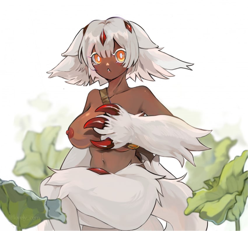 3_fingers aged_up amber_eyes animal_ears anthro big_breasts breasts_out claws dark-skinned_female dark_skin enemytal faputa female female_only fluffy_ears fluffy_hair fur goggles_around_neck humanoid looking_at_viewer made_in_abyss monster_girl moth_girl narehate short_hair solo white_fur white_hair