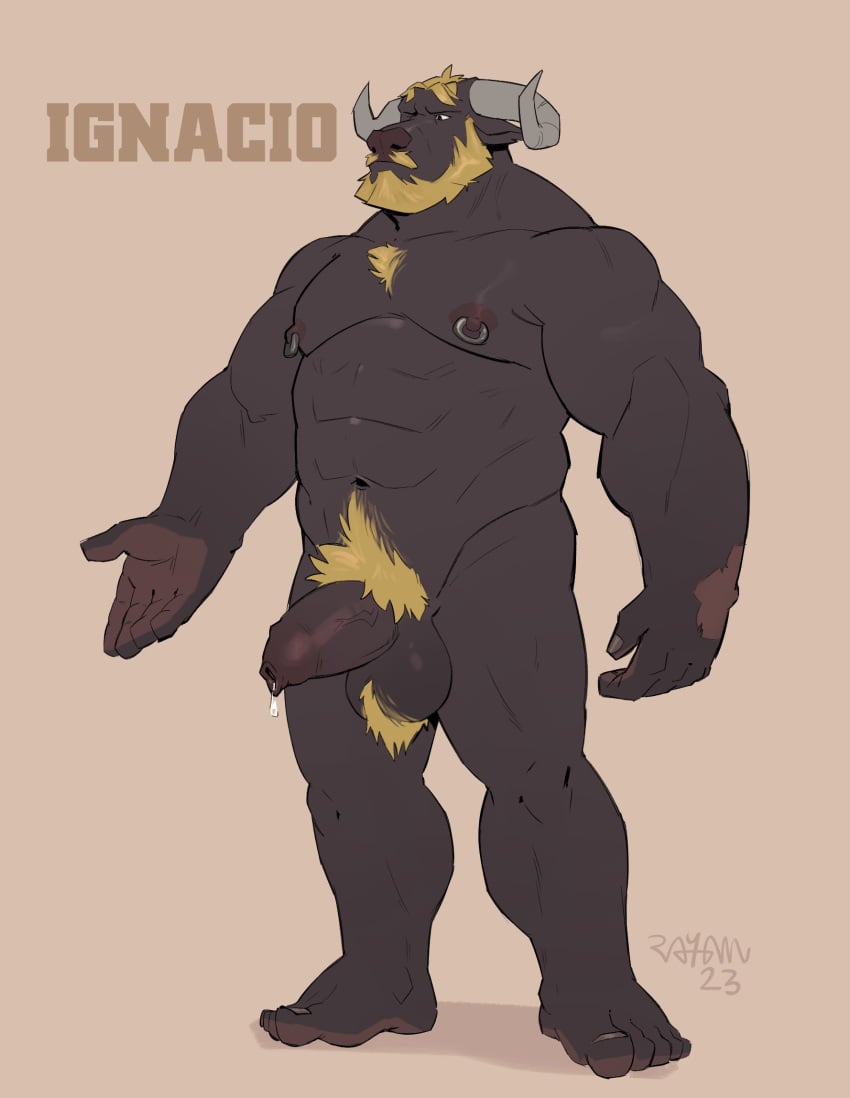 2023 abs anthro balls beard biceps blonde_hair bodily_fluids body_hair bovid bovine cattle chest_tuft dripping facial_hair feet flaccid forearm_muscles foreskin genital_fluids genitals hair hairy_balls hi_res horn humanoid_genitalia humanoid_penis male male_only mammal manly mature_male moustache muscular muscular_arms muscular_legs navel nipple_piercing nipples nude pecs penis piercing precum precum_drip pubes rneves_069 simple_background solo standing triceps tuft tuskyrayan vein veiny_penis