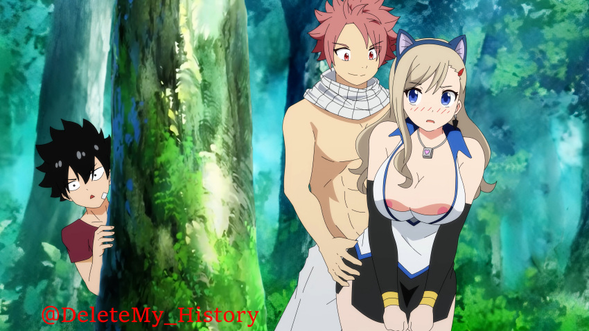 1girls 2boys absurdres blonde_hair blue_eyes breasts caught cheating_(relationship) clothed_sex crossover edens_zero fairy_tail female highres large_breasts male natsu_dragneel peeping public_indecency rebecca_bluegarden sex sex_from_behind shiki_granbell standing standing_sex thighs