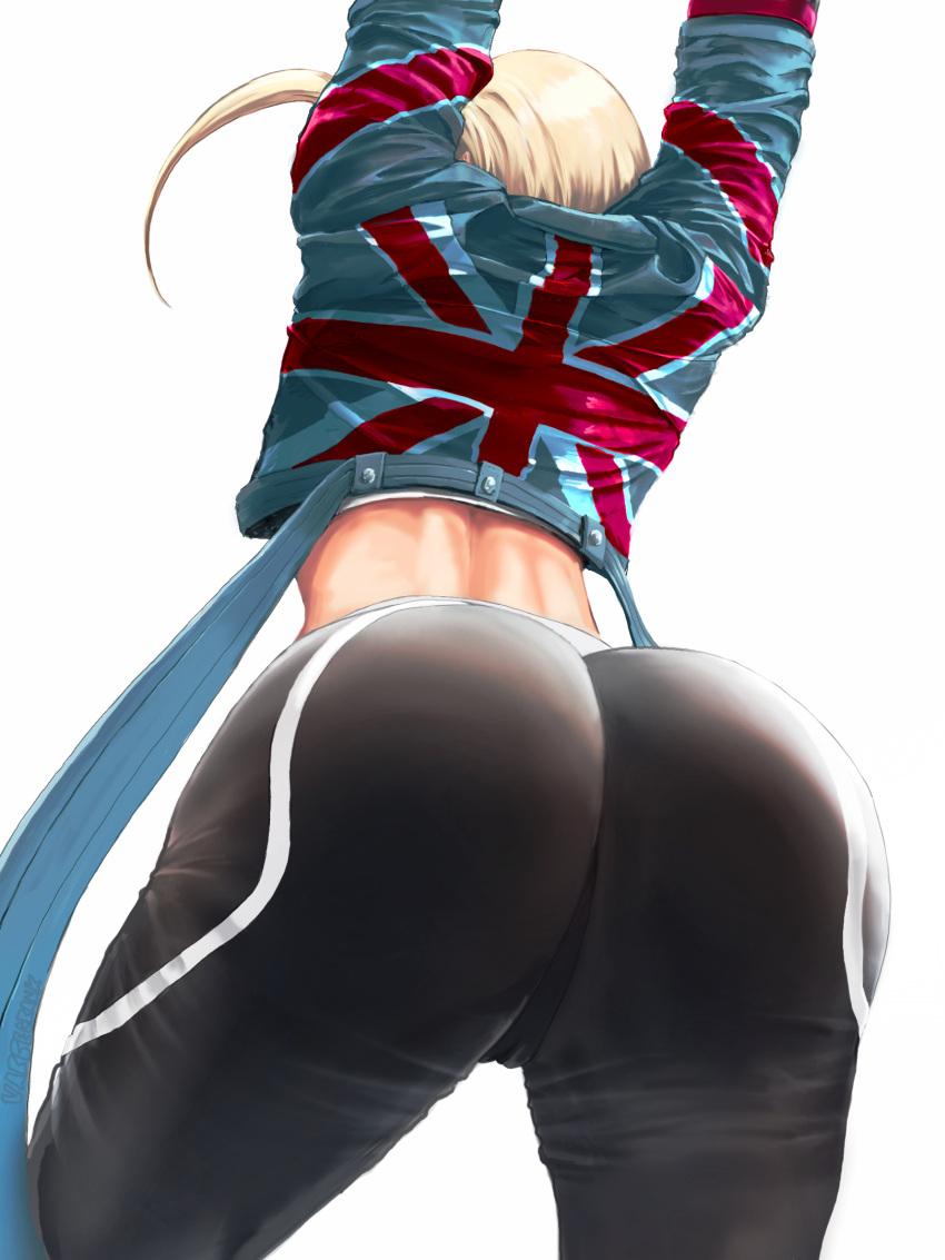 1girls ass ass_focus blonde_hair bubble_ass bubble_butt cammy_stretch cammy_white capcom dat_ass female female_only from_behind from_below fully_clothed highres huge_ass jacket pants plain_background shirt short_hair solo street_fighter street_fighter_6 stretching sweatpants thighs tight union_jack varbecrank white_background white_shirt