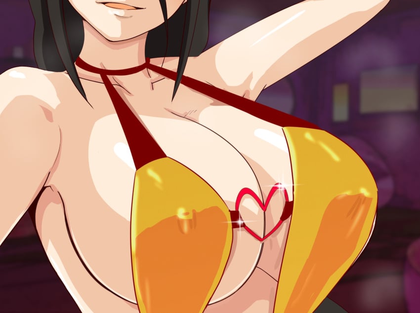 1girls arm_up armpits bare_arms bare_shoulders big_breasts bikini black_hair blurry blurry_background boruto:_naruto_next_generations breast_focus breasts brown_hair busty cleavage cleavage_cutout close-up collarbone covered_erect_nipples erect_nipples erect_nipples_under_clothes female heart_cutout hi_res high_resolution highres huge_breasts hyuuga_hanabi indoors inner_sideboob large_breasts light-skinned_female light_skin long_hair mature mature_female micro_bikini milf naruto naruto_(series) nipple_bulge one-piece_swimsuit open_mouth oppai orange_bikini orange_swimsuit pale-skinned_female pale_skin revealing_clothes shounen_jump sideboob sling_bikini slingshot_swimsuit smile smiling solo swimsuit uohaman upper_body voluptuous yellow_bikini