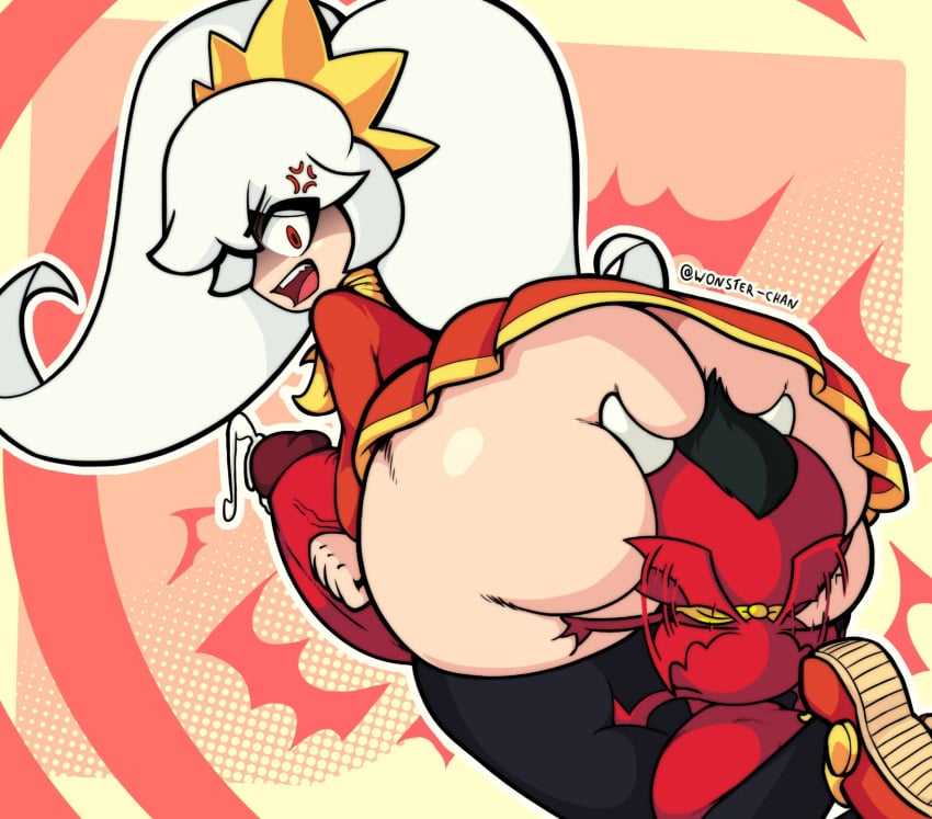 1boy 1girls anger_vein angry ashley_(warioware) ass balls clothing cum demon face_in_ass huge_ass huge_balls huge_cock mario_(series) nintendo no_panties penis precum red_(warioware) stockings tagme thighs twintails warioware white_hair wonster-chan