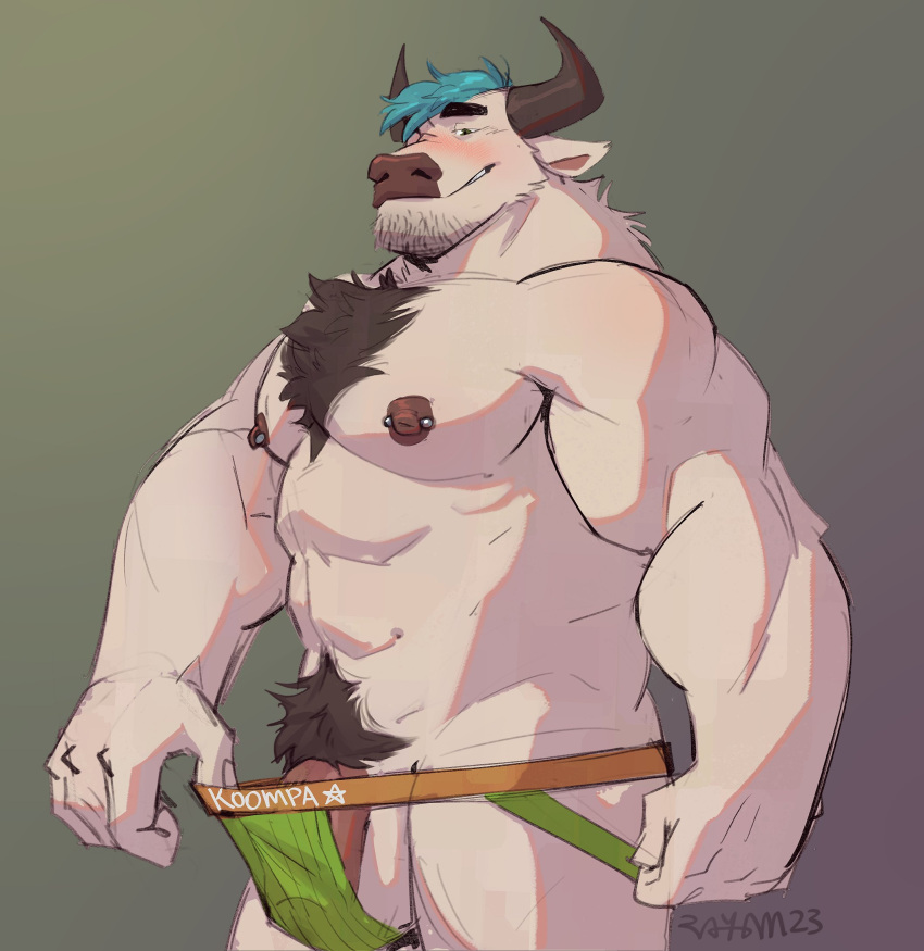 1boy 2023 abs anthro ass balls ballsack barbell_piercing biceps blue_hair blush body_fur body_hair bovine brown_hair bulge cattle chest_hair clothed clothing clothing_aside deltoids dick_root exposing facial_hair flaccid flaccid_penis genitals goatee green_clothing green_jockstrap green_underwear grey_background grin hi_res horns jockstrap jockstrap_aside jockstrap_only looking_at_viewer male male_nipples male_only male_pubic_hair mammal masculine mature_male muscles muscular_male navel nipple_piercing pecs penis piercing presenting pubes pulling_jockstrap rneves_069 scrotum simple_background smile smooth_fur solo standing testicles toony topless triceps tuskyrayan underwear underwear_aside underwear_only white_fur