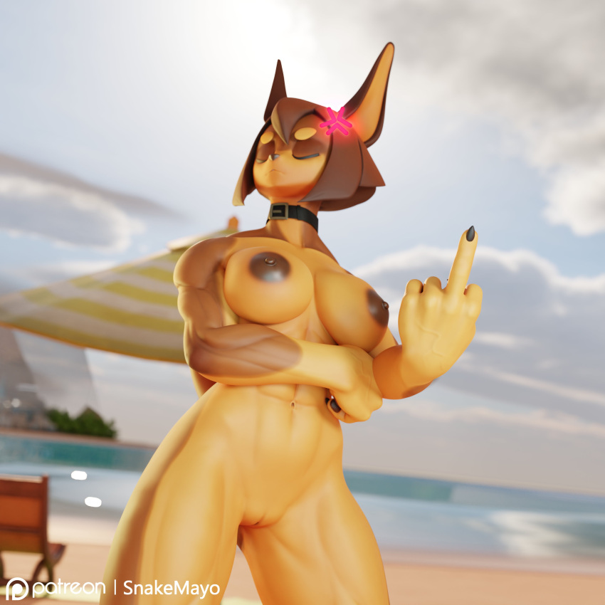 1:1 2023 3d_(artwork) abs absurd_res angry anthro athletic athletic_female beach breasts brown_body brown_fur brown_hair canid canine canis closed_eyes collar cross-popping_vein digital_media_(artwork) dobermann dog_knight_rpg domestic_dog female fur genitals gesture hair hi_res mammal middle_finger multicolored_body multicolored_fur muscular muscular_anthro muscular_female muscular_thighs navel nipples nude pinscher pussy rory_(ceehaz) seaside snakemayo solo two_tone_body two_tone_fur