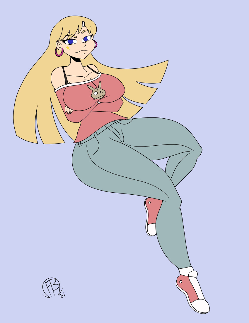 black_bra blonde_hair blue_eyes blue_jeans breast_rest crossed_arms ear_piercing frostbiteboi hilda_(series) huge_breasts kelly_(hilda) large_breasts light-skinned_female light_skin pants pink_shirt pink_shoes star_tattoo tattoo thick_legs thick_thighs wide_hips wide_thighs