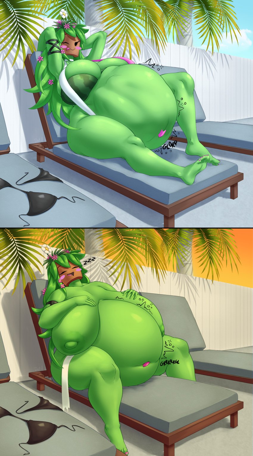 1girls after_vore barefoot bikini blaster_master_zero blaster_master_zero_2 blush breast_expansion cleavage closed_eyes digestion dotil female green_skin inti_creates inverted_nipples kanna_(blaster_master) licking_lips monster_girl navel_piercing palm_tree plant_girl post_vore same_size_vore sitting_on_chair sleeping stomach_bulge thigh_expansion unknown_character unseen_character vore weight_gain