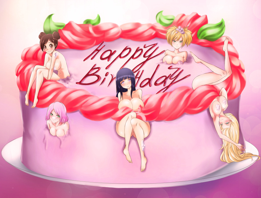 5girls big_breasts birthday_cake blonde_hair blush breasts brown_hair cake completely_nude convenient_censoring embarrassed evildei female female_only food_play hyuuga_hinata ino_yamanaka looking_at_viewer lying_down lying_on_back multiple_girls naked naruto naruto:_the_last naruto_(series) naruto_shippuden nude nude_female partially_submerged pink_hair purple_hair sakura_haruno sitting smile take_your_pick temari tenten tiny_female voluptuous whipped_cream