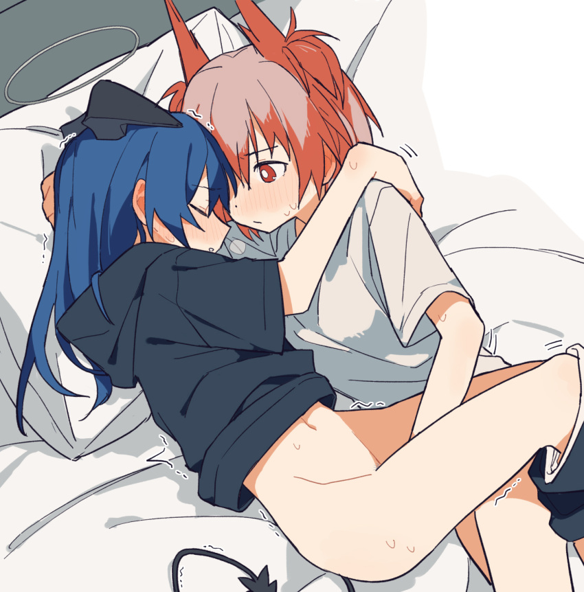 2girls arknights black_hoodie blue_hair blush bottomless bright_pupils closed_eyes closed_mouth coldcat. colored_pubic_hair cute feather_hair female_pubic_hair fiammetta_(arknights) halo highres hood hood_down hoodie horns hug hugging implied_fingering long_hair looking_at_another lying mostima_(arknights) motion_lines multiple_girls navel on_back on_bed on_side parted_lips pillow pubic_hair red_eyes red_hair shirt short_hair sweat sweatdrop tail trembling white_shirt yuri