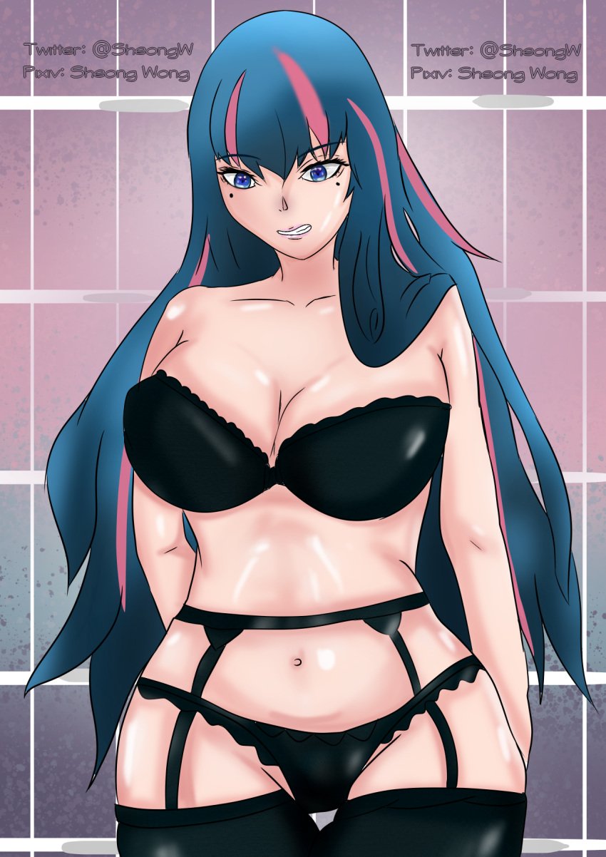 1girls ada_(boruto) arms_behind_back bathroom beauty_mark big_breasts black_bra black_legwear black_lingerie black_panties black_stockings black_thighhighs black_underwear blue_eyes blue_hair boruto:_naruto_next_generations bra busty cleavage clenched_teeth female female_focus female_only gritted_teeth hi_res high_resolution highres hourglass_figure large_breasts legwear light-skinned_female light_skin lingerie lipstick long_hair naruto naruto_(series) pale-skinned_female pale_skin panties pink_highlights pink_lipstick pose posing sheong_wong shounen_jump solo solo_female solo_focus standing stockings thick_thighs thighhighs thighs underwear very_long_hair voluptuous wide_hips