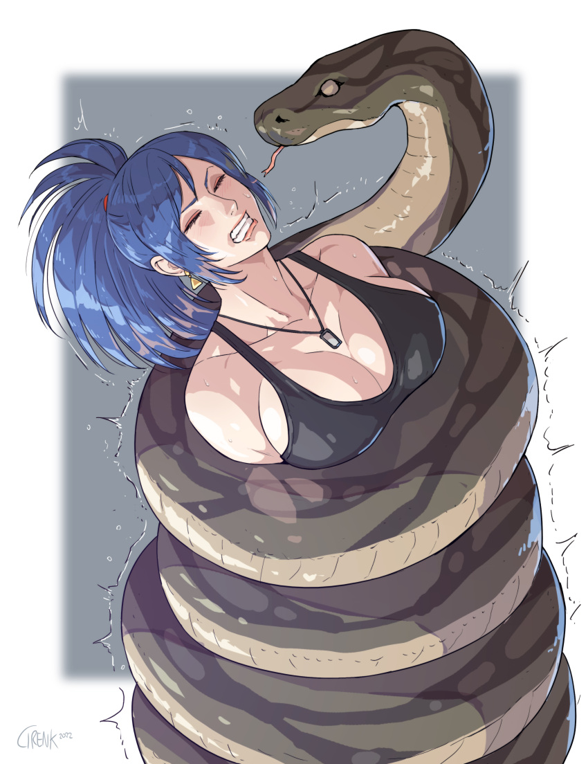 1girls 2022 blue_hair boa_constrictor cirenk closed_eyes coiling commission female female_only king_of_fighters leona_heidern long_hair necklace shivering snake snk solo tank_top teeth_clenched tied_hair very_high_resolution