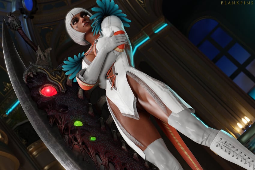 1girls 3d athletic athletic_female big_breasts blankpins bob_cut boots capcom clothing cosplay crossover_cosplay dark-skinned_female dark_skin devil_may_cry devil_may_cry_4 egyptian egyptian_female female fit_female gloria_(devil_may_cry) gloves human no_panties overwatch pharah sword white_hair