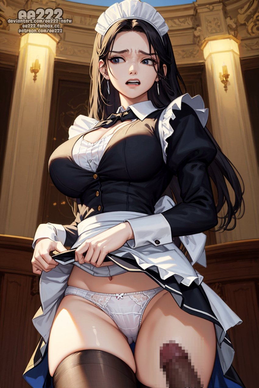 ai_generated angry big_breasts black_eyes black_hair cleavage cleavage_cutout disgusted ee222_aiart frown imminent_sex lifted_by_self lifting_skirt maid maid_apron maid_dress maid_headdress maid_outfit maid_uniform panties presenting showing_panties skirt_lift skirt_pull skirt_up stable_diffusion