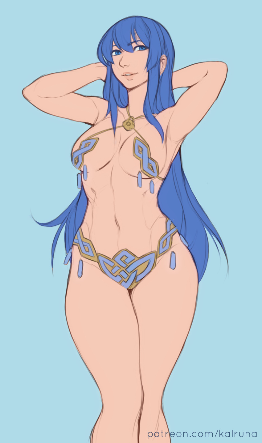 1girls alternate_costume bikini blue_bikini blue_eyes blue_hair blue_swimsuit breasts caeda_(fire_emblem) female female_only fire_emblem fire_emblem:_mystery_of_the_emblem fire_emblem:_shadow_dragon_and_the_blade_of_light kalruna long_hair looking_at_viewer medium_breasts nintendo solo swimsuit underboob