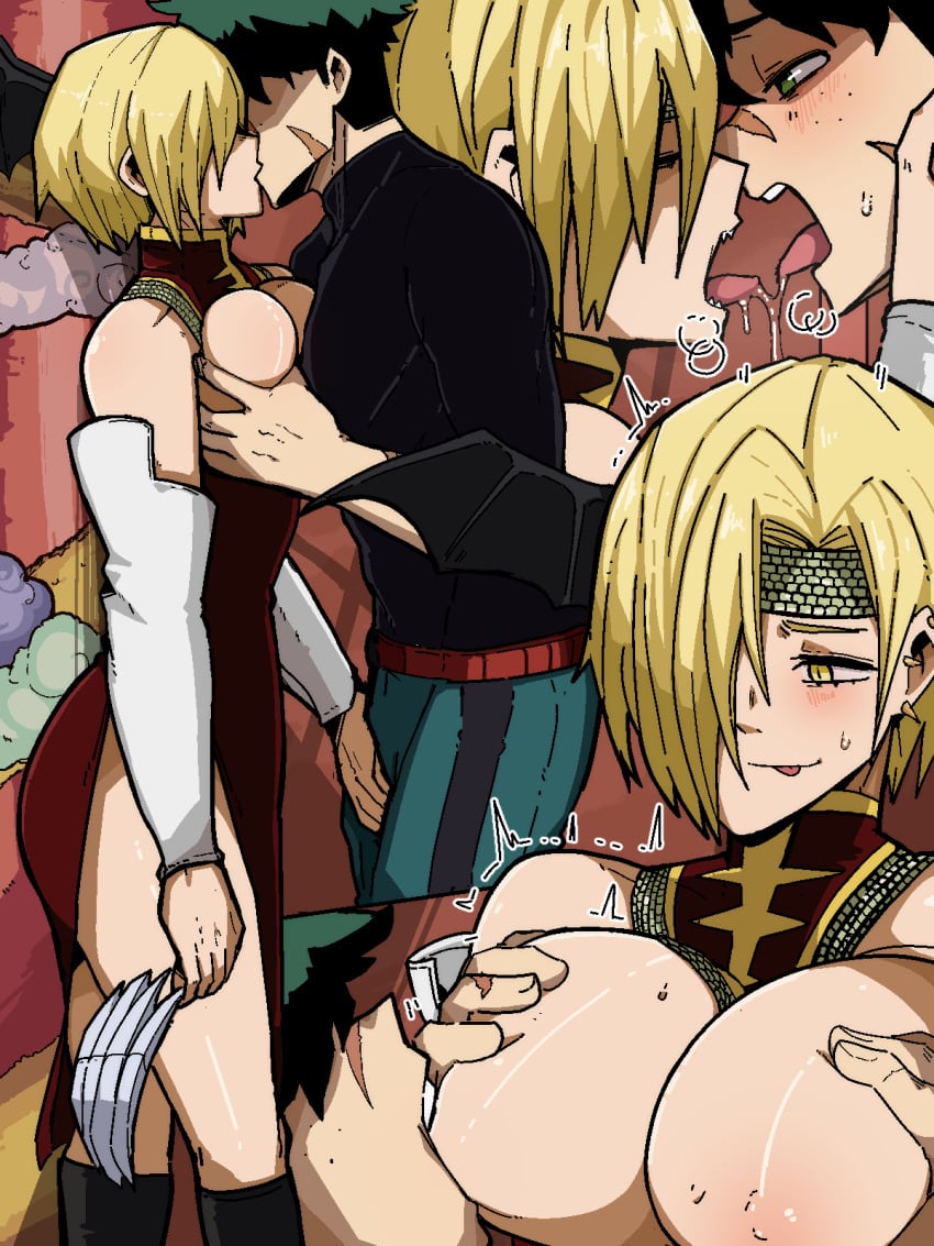 1boy after_kiss age_difference aged_up bare_shoulders black_shirt blonde_hair blush boku_no_hero_academia breast_sucking breasts breasts_out breasts_squeezed_together crotch_grab dress female female_human freckles french_kiss green_eyes green_hair hair_over_one_eye headband hero_outfit_(mha) highres human izuku_midoriya kissing kneehighs large_breasts mark_gavatino mature_female midoriya_izuku my_hero_academia nipples older_female open_mouth pants red_dress ryuukyuu saliva saliva_trail scar scar_on_cheek scar_on_face scar_on_nose shirt short_hair socks superhero_costume superheroine tatsuma_ryuuko tongue tongue_out yellow_eyes younger_male