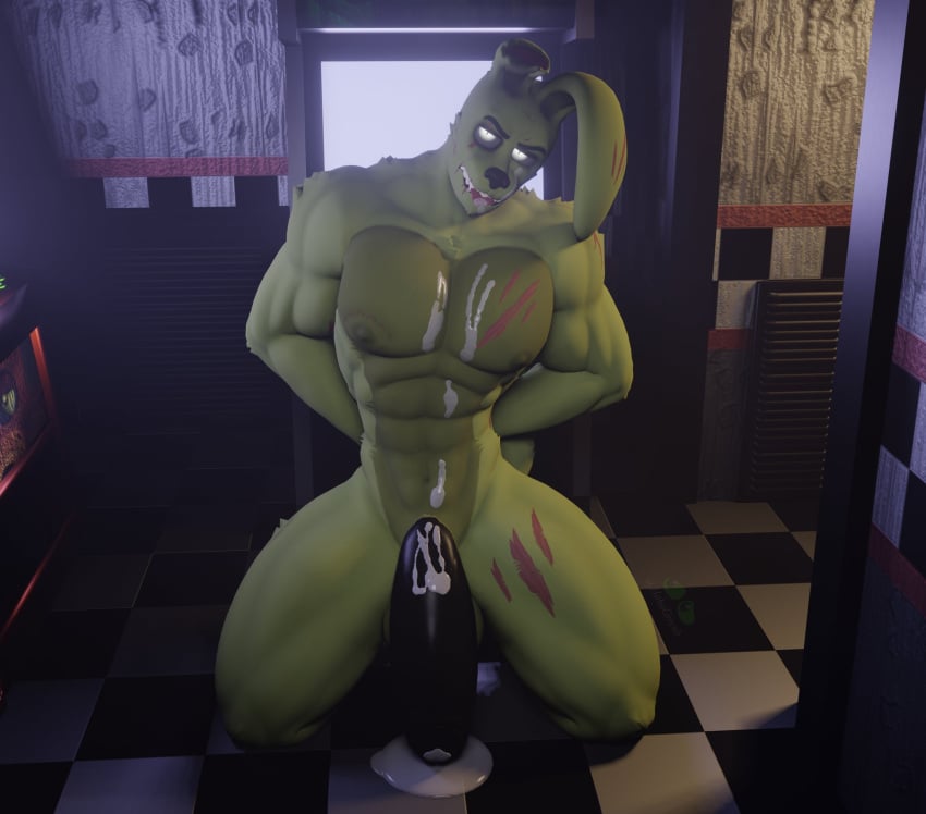 1boy 3d 3d_(artwork) after_sex anthro anxiboi bara bite bite_marks cum_in_mouth cum_on_body cum_on_face digital_media_(artwork) dripping_cum erection five_nights_at_freddy's five_nights_at_freddy's_3 fnaf fur furry furry_only gay green_body green_skin high_resolution humanoid male male_only muscular muscular_male nipples nude pecs penis rabbit solo solo_male springtrap springtrap_(fnaf)