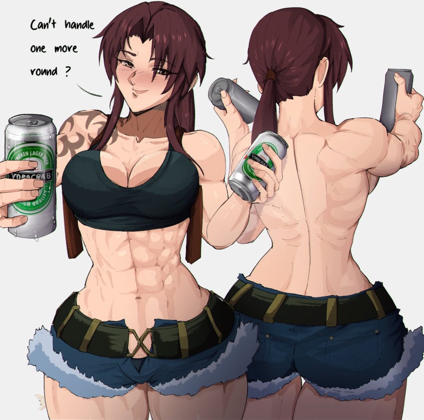 1girls abs back_view beer beer_can beer_mug belly belly_button big_breasts black_lagoon blush blushing breasts busty drink drunk female female_only fit fit_female front_view holding_beer holding_can holding_drink huge_breasts jean_shorts large_breasts milf muscular muscular_back muscular_female ponytail red_hair revy short_shorts shorts tattoo tattoo_on_arm tattooed_arm thick thick_thighs tight_clothing tomboy toned toned_female topless tummy yoracrab