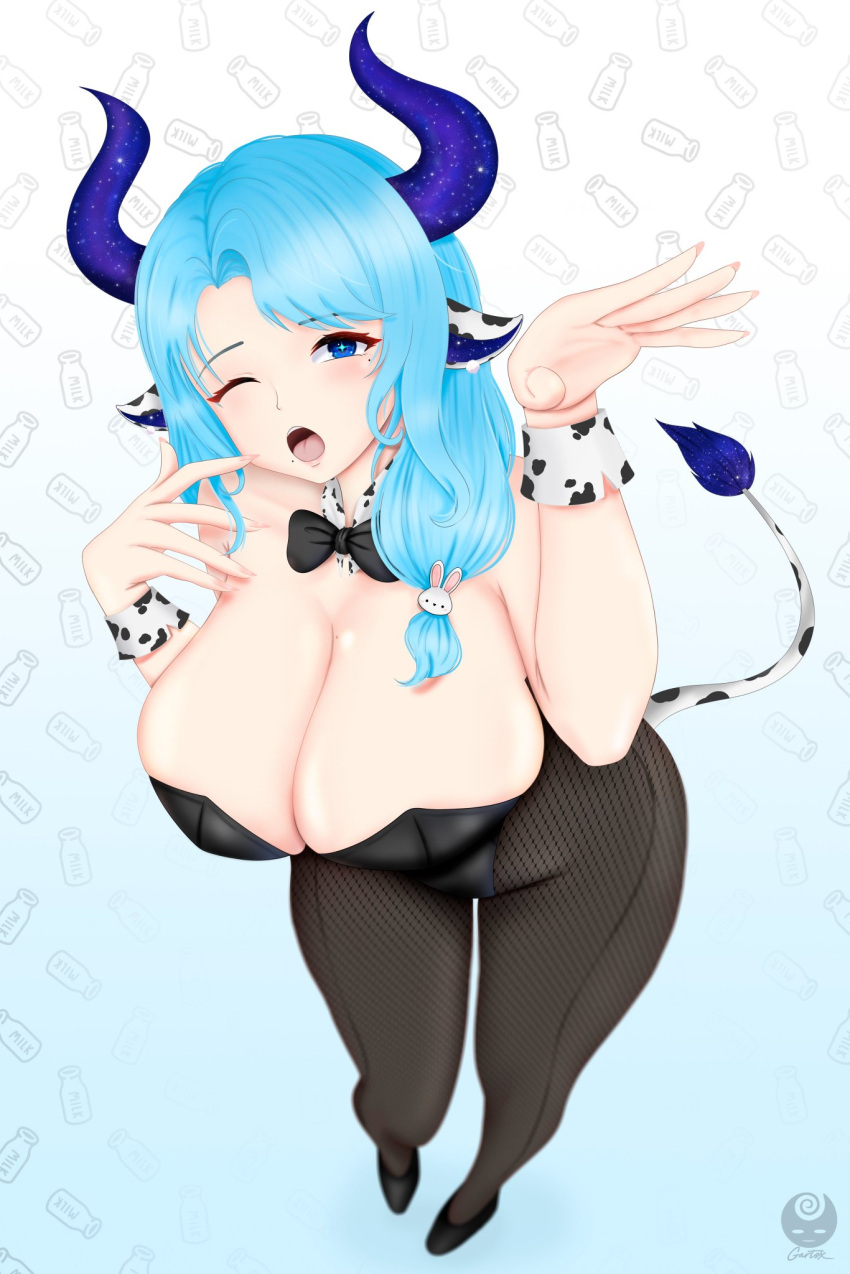 1girls animal_ears blue_hair bunnysuit cow_ears cow_girl cow_horns female female_only gartsx indie_virtual_youtuber light-skinned_female light_skin miilkywayz one_eye_closed pantyhose solo virtual_youtuber wink