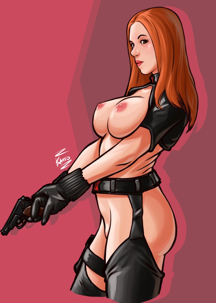 1girls 2021 areolae ass avengers black_widow_(marvel) breasts female female_only gun kaito_artist kaitodile long_hair looking_at_viewer marvel marvel_comics natasha_romanoff nipples no_panties orange_hair partially_clothed scarlett_johansson side_view solo very_high_resolution