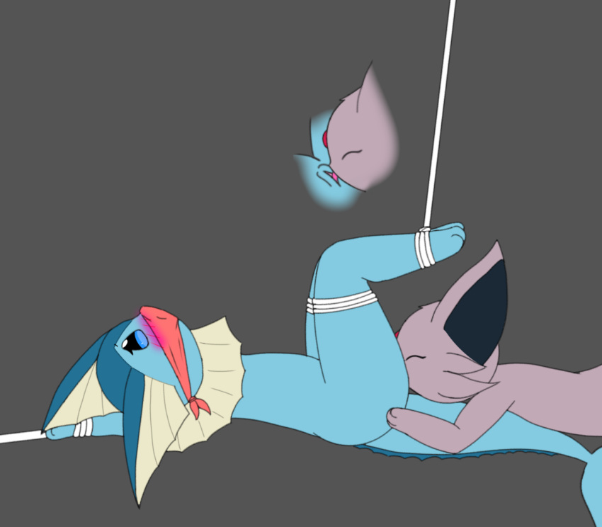 blue_eyes bondage bound espeon fanart furry gag gagged grey_background incest licking licking_pussy nintendo over_the_mouth_gag pokemon pokemon_(species) purple_eyes rope rope_bondage roseygaby simple_background sister sisters vaporeon