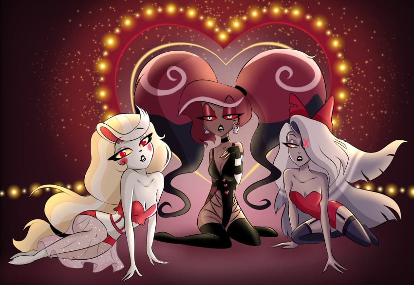 3girls alastorsart blonde_hair breasts charlie_morningstar_(hazbin_hotel) cleavage clothing dead_source demon demon_girl female female_only grey_hair hazbin_hotel long_hair looking_at_viewer multicolored_hair pink_sclera red_eyes red_sclera seductive_look trio unavailable_at_source vaggie_(hazbin_hotel) velvette_(hazbin_hotel) vivienne_medrano white_eyes yellow_eyes yellow_sclera