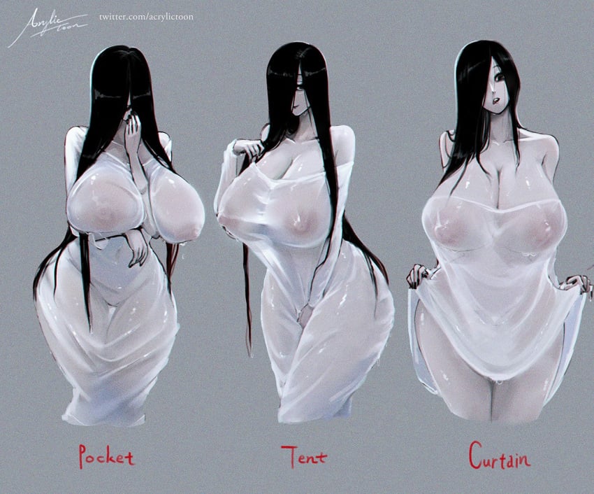 acrylictoon big_breasts black_hair breasts curtain_call_challenge curvaceous curvy curvy_figure female female_only hair_over_one_eye huge_breasts large_breasts long_hair nipple_bulge nipples open_mouth see-through see-through_clothing see_through the_ring thick_thighs tongue tongue_out voluptuous yamamura_sadako