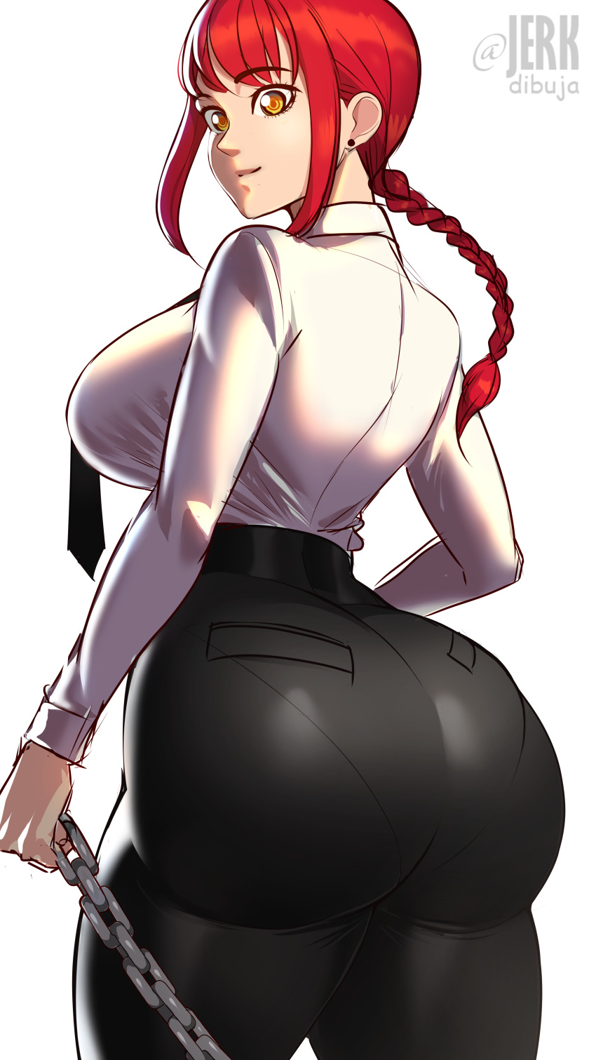 1girls alternate_version_available ass_focus big_breasts big_butt black_pants bottomwear braid breasts bubble_butt butt butt_focus caked_up chains chainsaw_man cheesecake dumptruck_ass dumptruck_butt fat_ass female female_only huge_breasts huge_butt jerkdibuja large_butt looking_at_viewer makima_(chainsaw_man) necktie neckwear no_text_version pants pantylines red_hair shirt sideboob simple_background solo solo_female textless topwear white_background white_shirt yellow_eyes