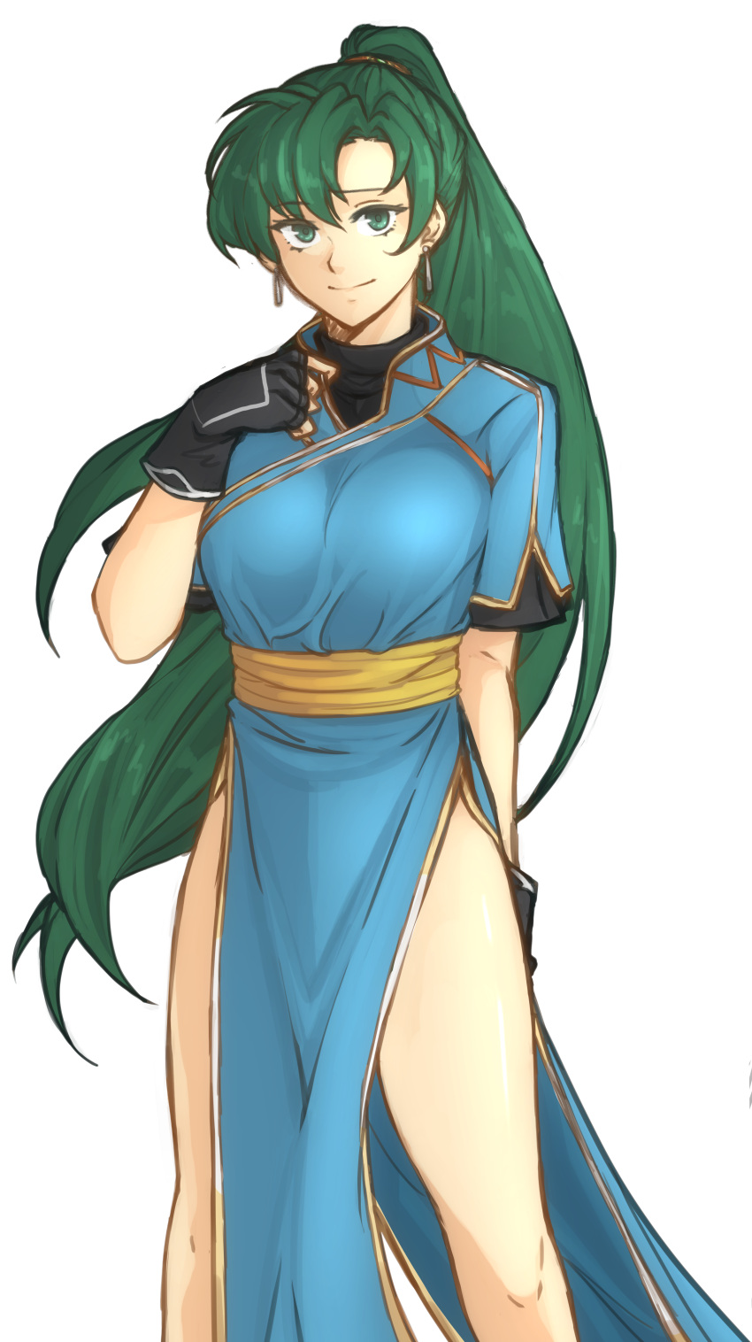 1girls absurdres bare_legs black_gloves blue_dress breasts commentary dress earrings feet_out_of_frame female female_only fingerless_gloves fire_emblem fire_emblem:_the_blazing_blade gloves green_eyes green_hair hair_between_eyes hand_up highres jewelry large_breasts legs long_hair looking_at_viewer lyn_(fire_emblem) meme nintendo pelvic_curtain ponytail sash short_sleeves smile solo standing stripping thighs transparent_background tridisart twitter_strip_game_(meme) undressing very_long_hair yellow_sash