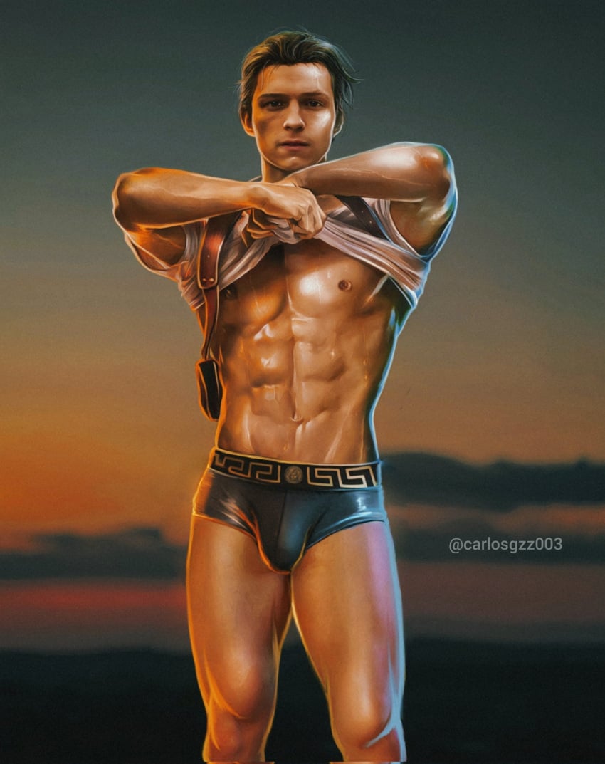 abs big_bulge bulge carlos_gzz celebrity huge_bulge looking_at_viewer male male_only muscles muscular muscular_male nathan_drake pecs shirt_lift smooth_chest smooth_skin tom_holland uncharted uncharted_(2022) underwear