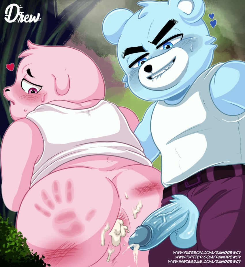 anthro azulin_(unicorn_wars) bear bite biting_lip blue_body blue_fur blush bodily_fluids brother brothers chubby chubby_anthro chubby_male clothing cum cum_in_ass cum_inside duo forest fur gay genital_fluids genitals gordi_(unicorn_wars) heart hi_res incest male male/male male_only mammal overweight overweight_male penis pink_body pink_fur plant pubes randrewcv sibling spank_marks sweat tagme tree unicorn_wars yaoi